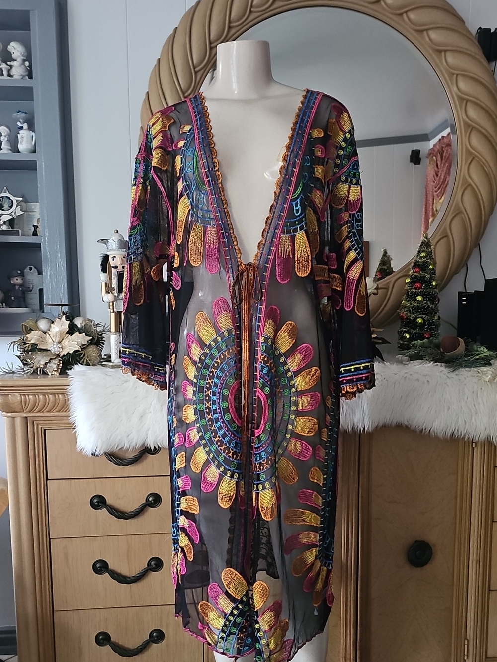 Sheer Black Embroidered Multicolor Boho Dress One Size
